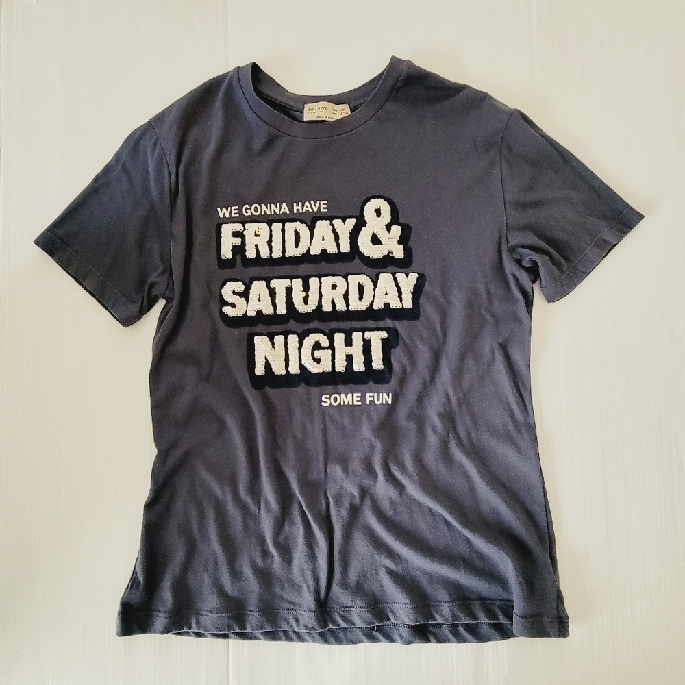 Zara Boys Sequined Weekend Navy Tee Shirt Size M 8